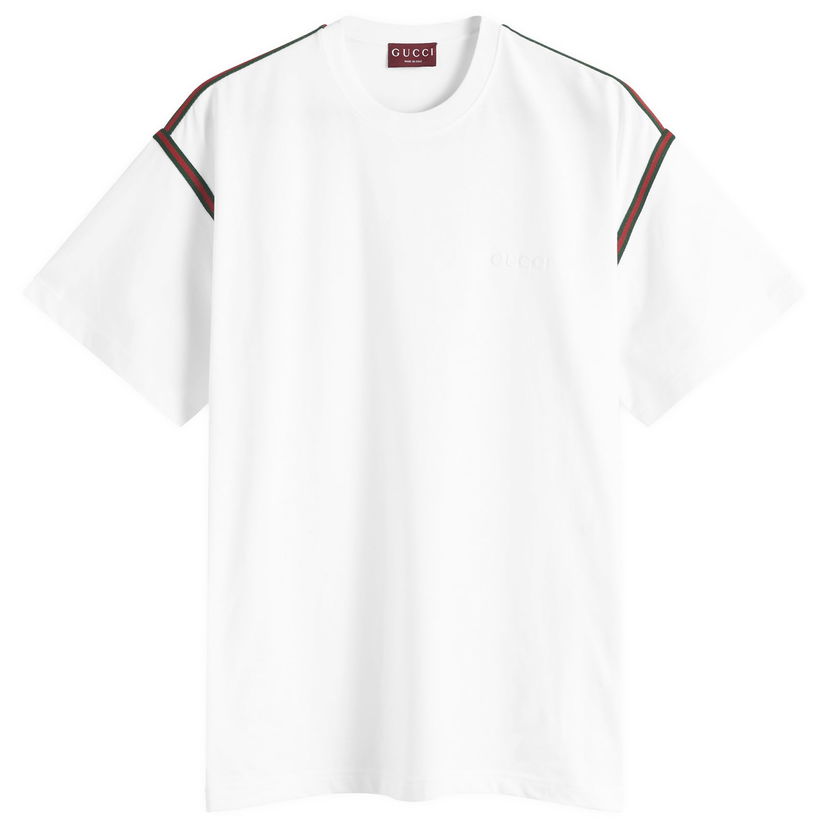 T-paita Gucci Men's Cotton T-Shirt with Tape Detail, Size Large Valkoinen | 814958-XJG3D-9692