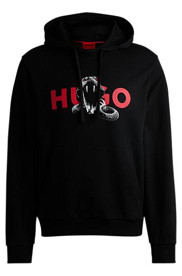 Huppari BOSS HUGO Cotton-Terry Hoodie with Snake Graphic Musta | 50530580