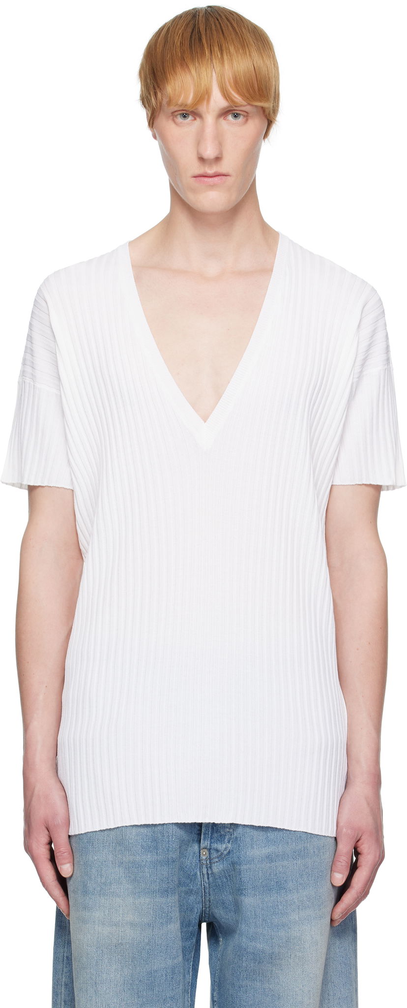 T-paita Maison Margiela MM6 Maison Margiela Rib-Knit V-Neck T-Shirt Valkoinen | SH2HN0003 M13125