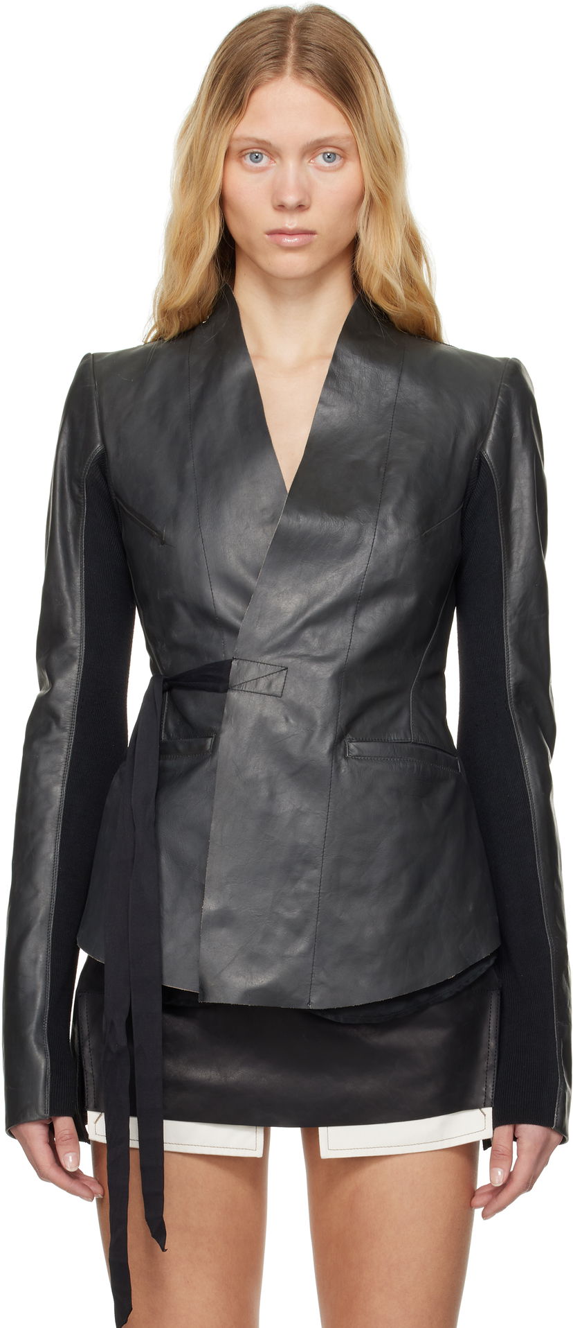 Takki Rick Owens Rick Owens Hollywood Tamponato Calf Leather Wrap Jacket Musta | RP01E7749 LTP