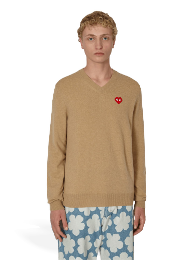 Villapaita Comme des Garçons Invader Heart V-Neck Sweater Beige | P1N082 1