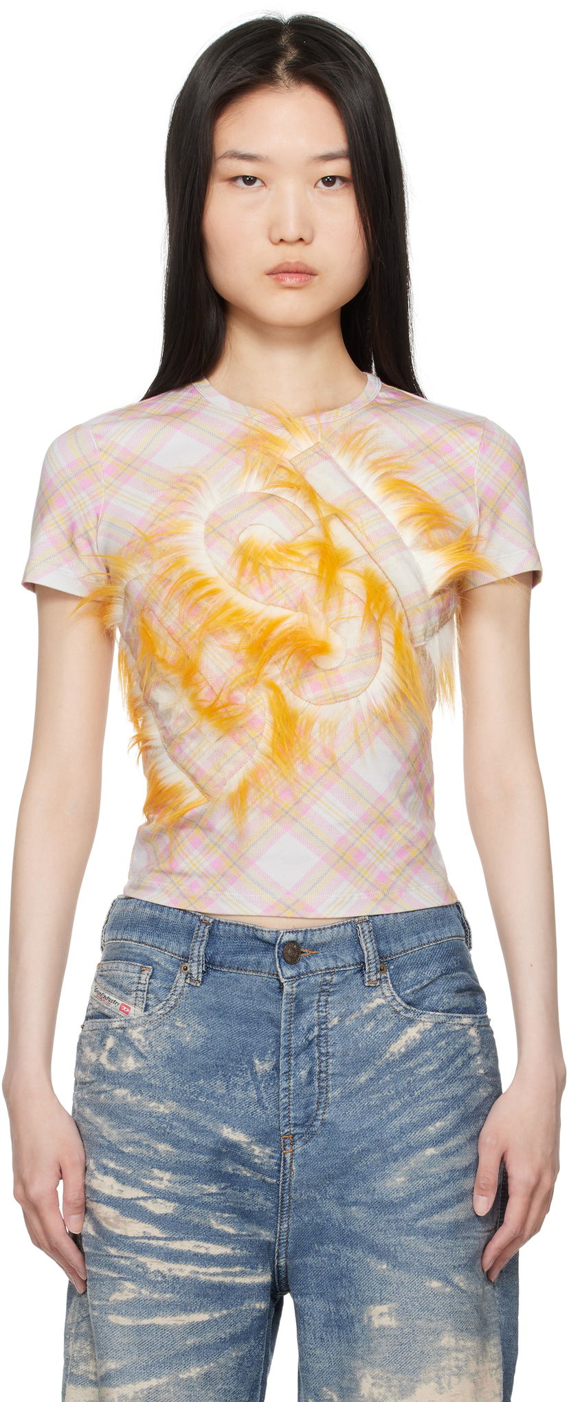 Crop top Diesel Plaid Cropped T-Shirt with Yellow Faux Fur Detail Valkoinen | A16538 0AMDX