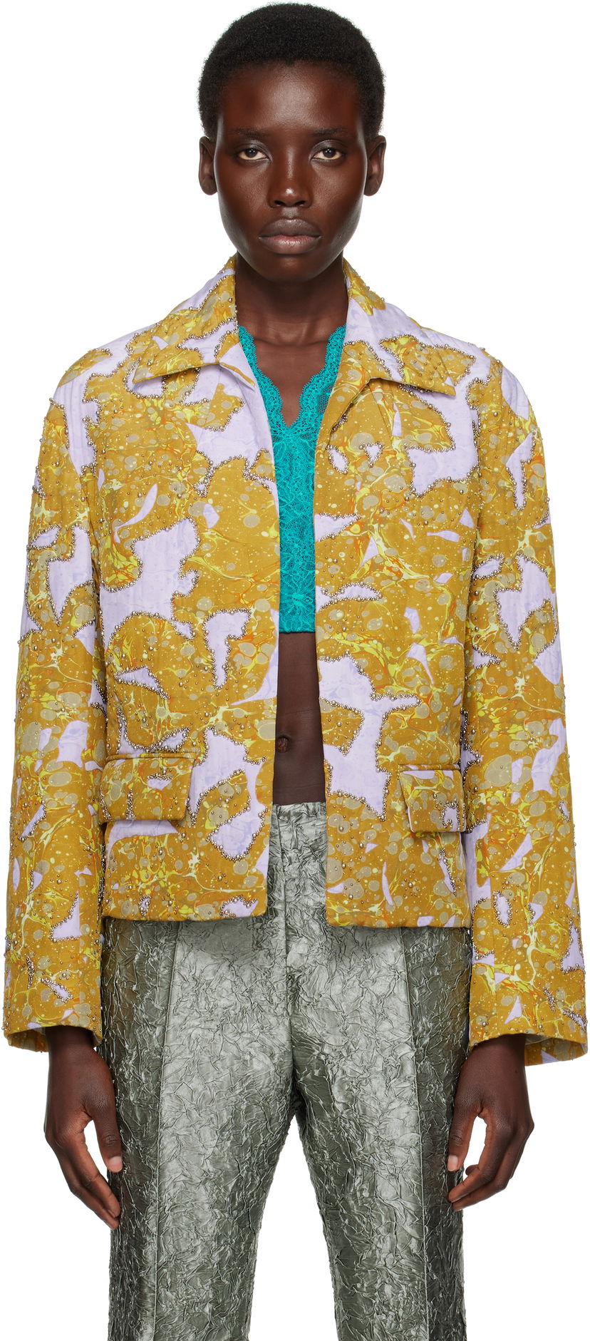 Takki Dries Van Noten Dries Van Noten Beaded Floral Print Jacket Keltainen | 251-010520-1082