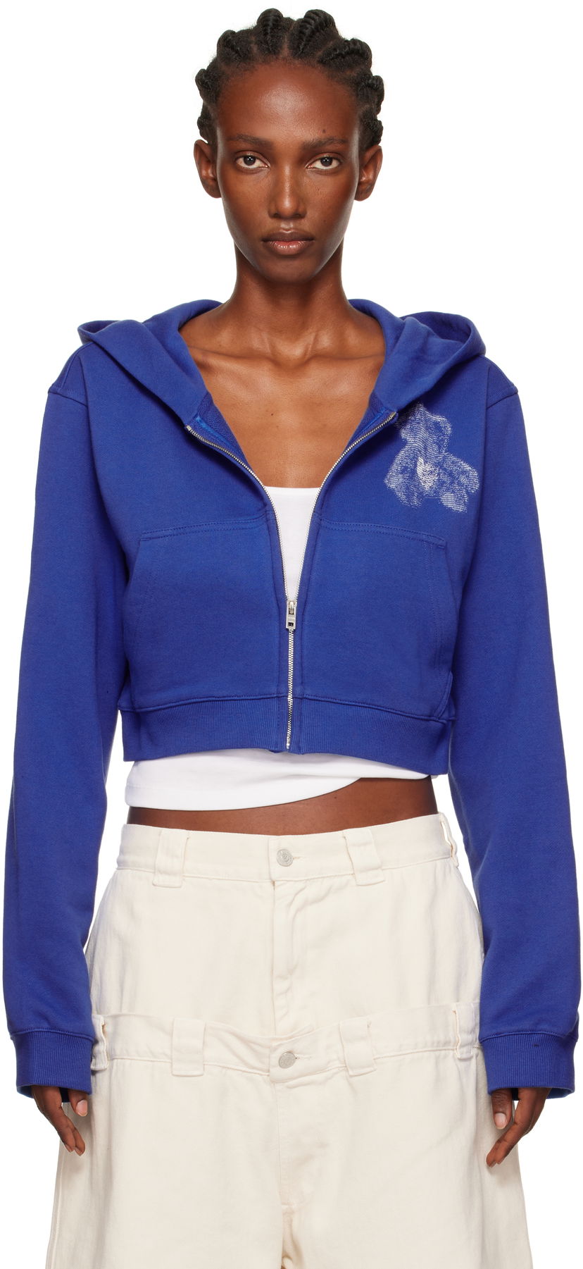 Huppari We11done Teddy Bear Graphic Slim-Fit Cropped Zip-Up Hoodie Sininen | WD-TJ2-25-870-W-BL