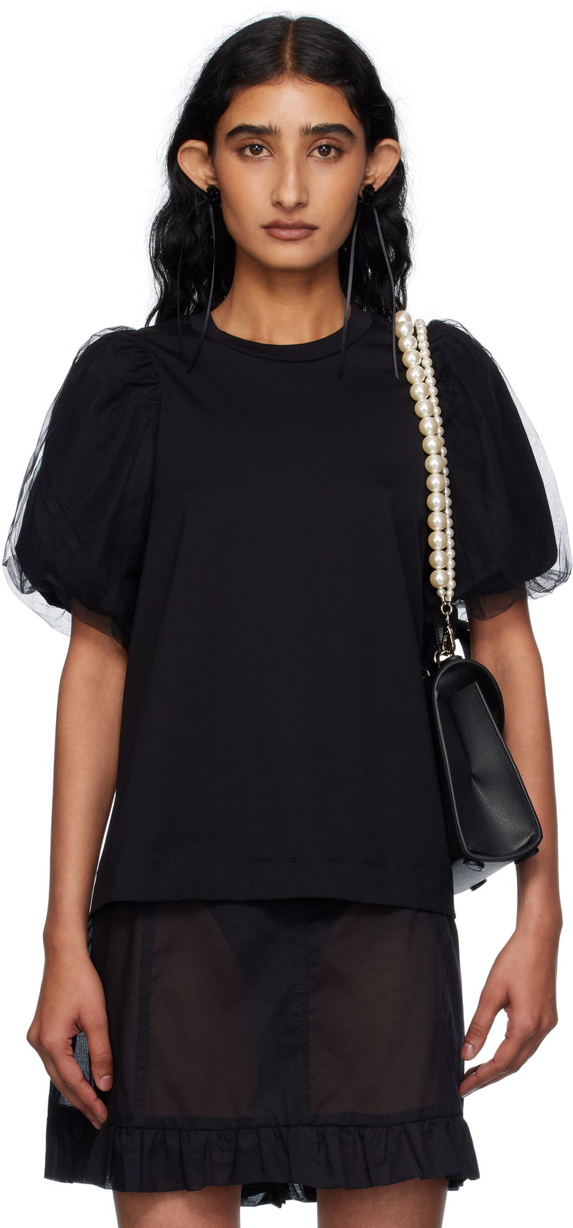 T-paita Simone Rocha Simone Rocha Tulle Overlay Puff Sleeve T-Shirt Musta | 5397 0553