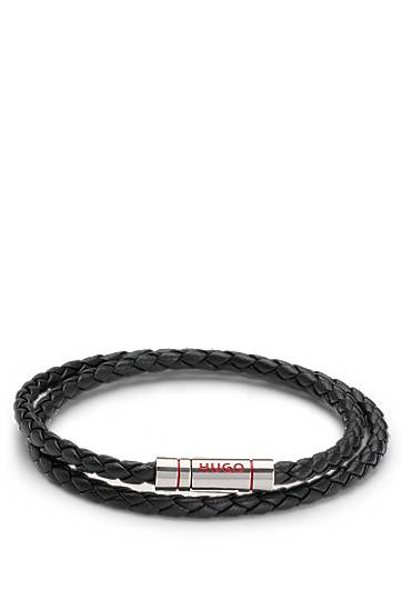 Rannerengas BOSS HUGO Double Braided Leather Cuff Bracelet Musta | 50532309