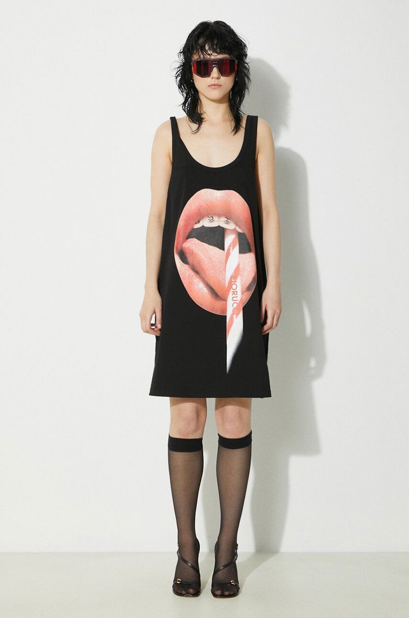 Tankkitoppi Fiorucci Fiorucci Oversize Mini Tank Dress with Mouth Print Musta | W01FPDTA111CO01BK01