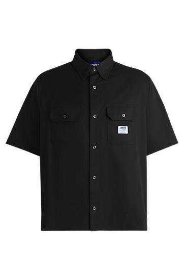 Paita BOSS Oversized Cotton Twill Shirt with Logo Patch Musta | 50517871