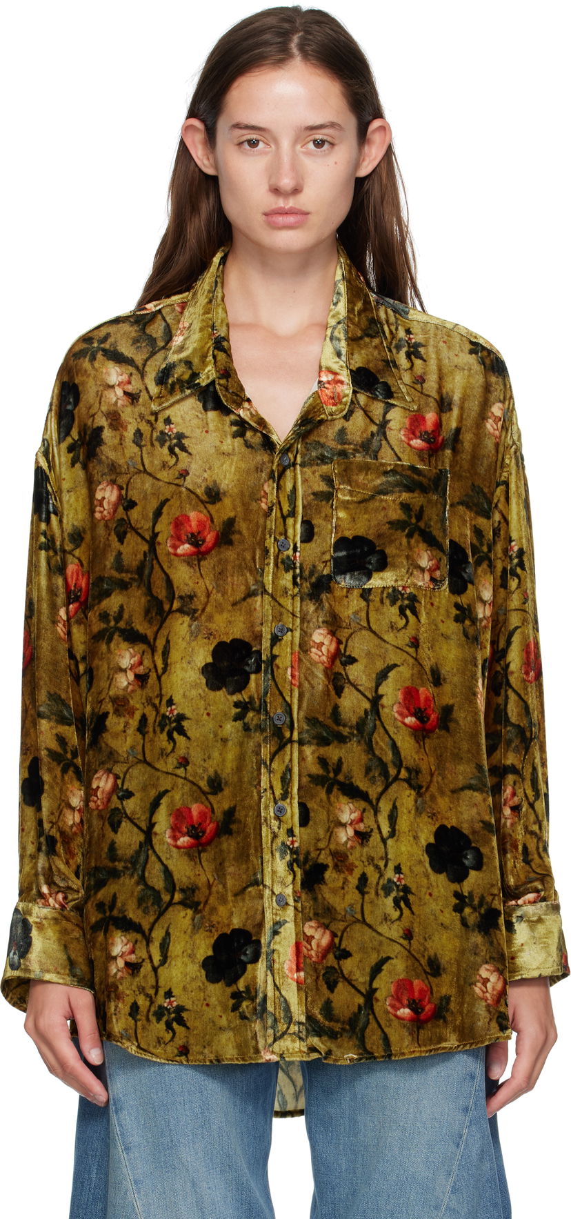 Paita R13 R13 Floral-Print Velvet Drop-Neck Shirt Vihreä | R13WR004-R595A