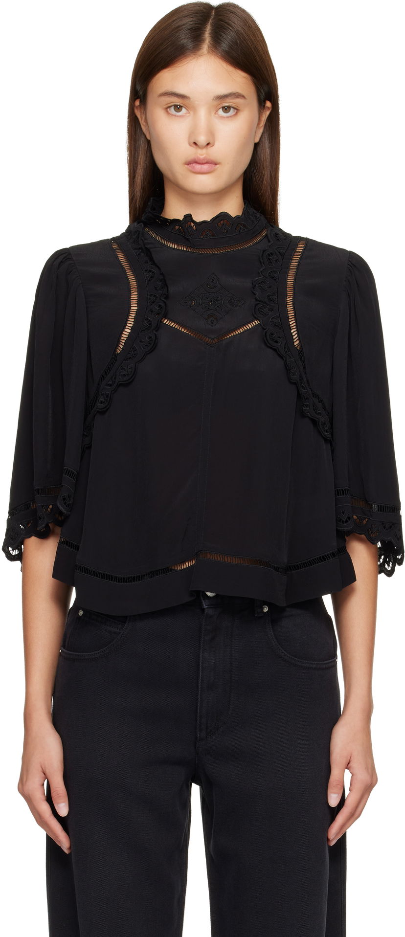 Paita ISABEL MARANT Frany high-neck lace cut-out blouse Musta | HT0662FA-C3J11I