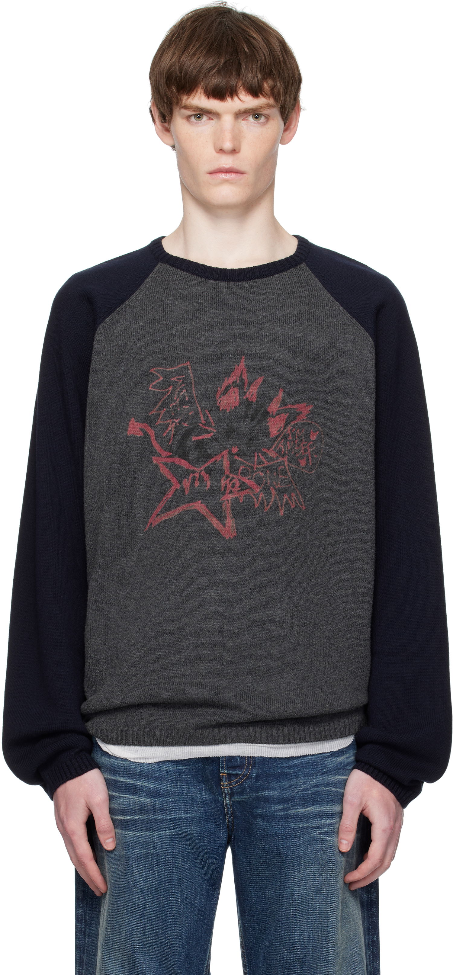 Villapaita We11done We11done Printed Raglan Knit Pullover Sweater Harmaa | WD-KO2-25-659-U-CH, 0