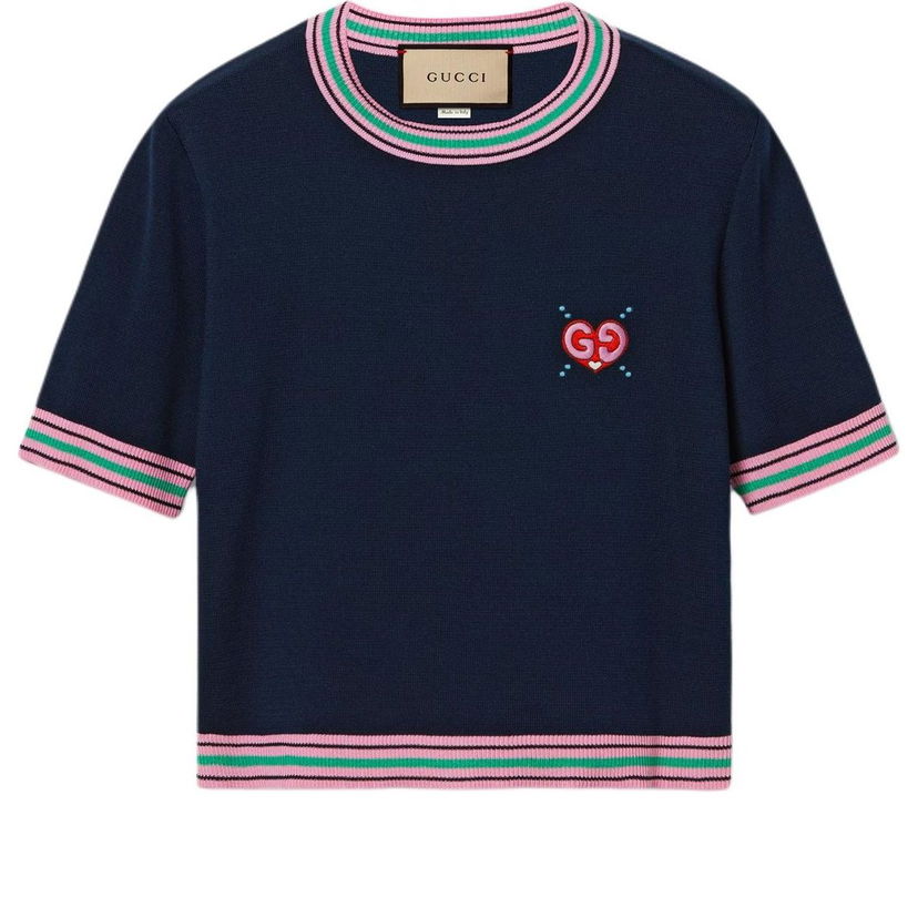 Villapaita Gucci Gucci Fine Knit Sweater With Heart Embroidery Tummansininen | 782254-XKD0I-4215