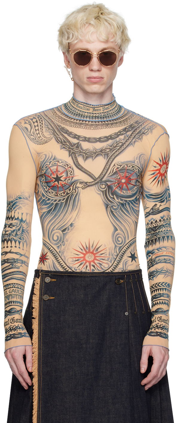 T-paita Jean Paul Gaultier Jean Paul Gaultier Tattoo Print Turtleneck Top Beige | 23/15-F-TO111-J528-635030