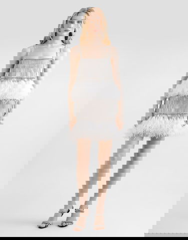 Mekko Dolce & Gabbana Dolce & Gabbana Satin and Feather Mini Dress with Crystal Fringe Valkoinen | F60FHZGDDI6G1012, 1