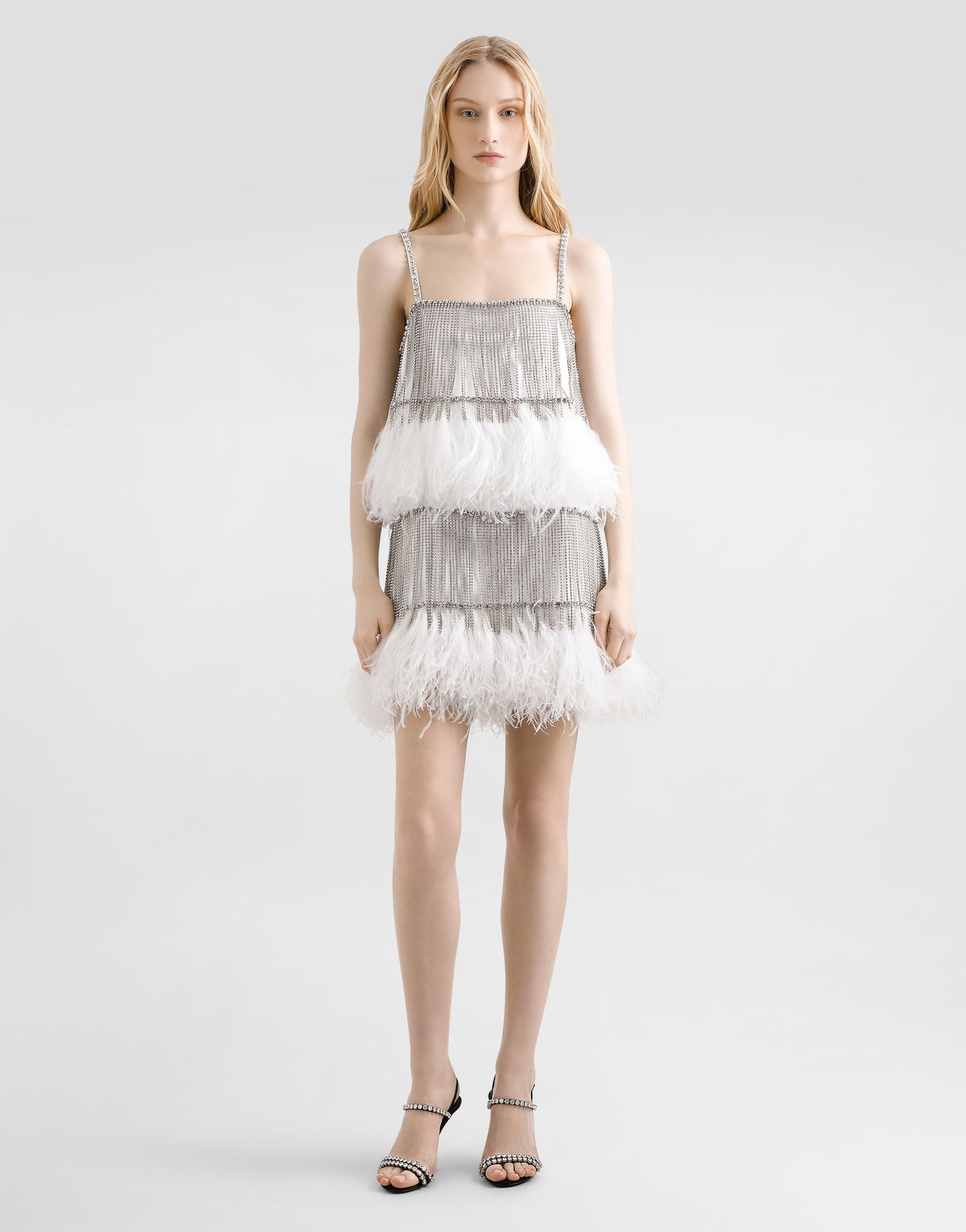 Mekko Dolce & Gabbana Dolce & Gabbana Satin and Feather Mini Dress with Crystal Fringe Valkoinen | F60FHZGDDI6G1012, 1