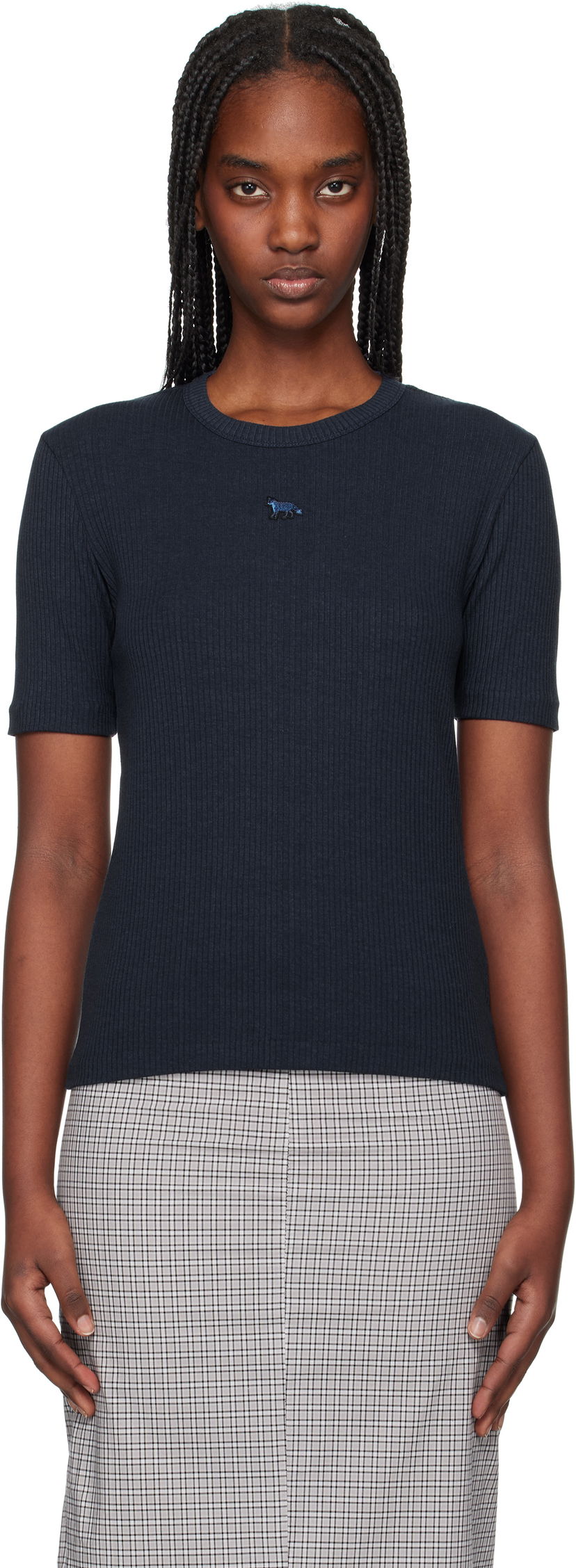 T-paita MAISON KITSUNÉ Maison Kitsuné Baby Fox Ribbed Fitted T-Shirt Tummansininen | OW00124KJ0134