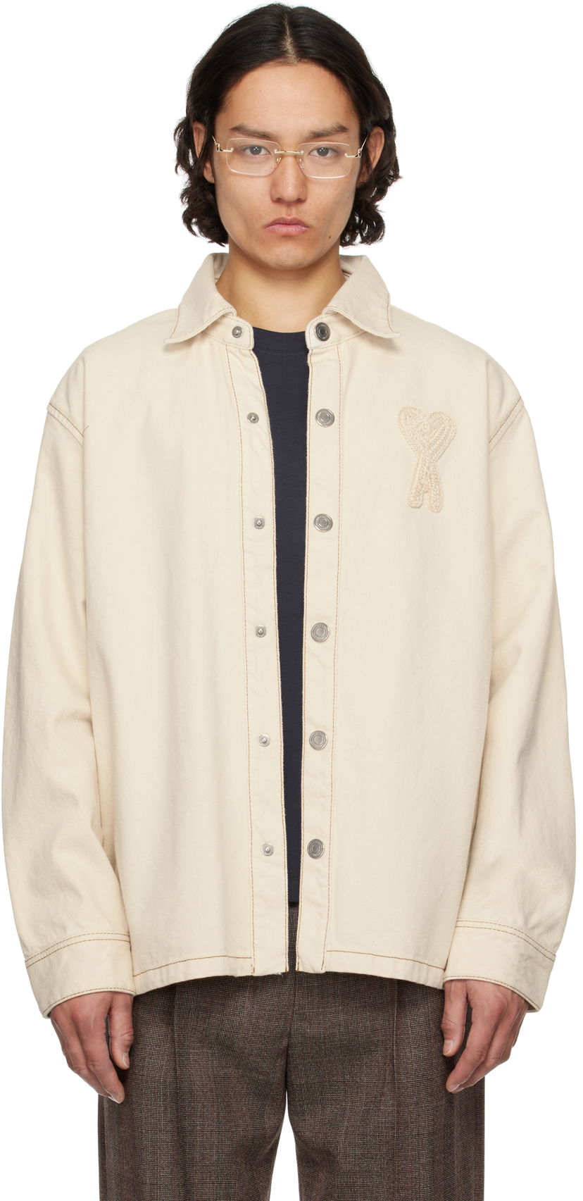 Paita AMI AMI Paris Cotton Ami de Coeur Denim Overshirt Beige | HJK275.DE0039