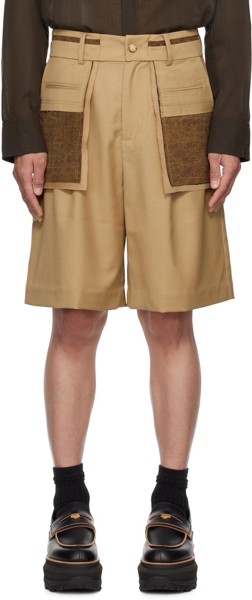 Shortsit Feng Chen Wang Feng Chen Wang Deconstructed Patchwork Shorts Beige | FUS19ST02K