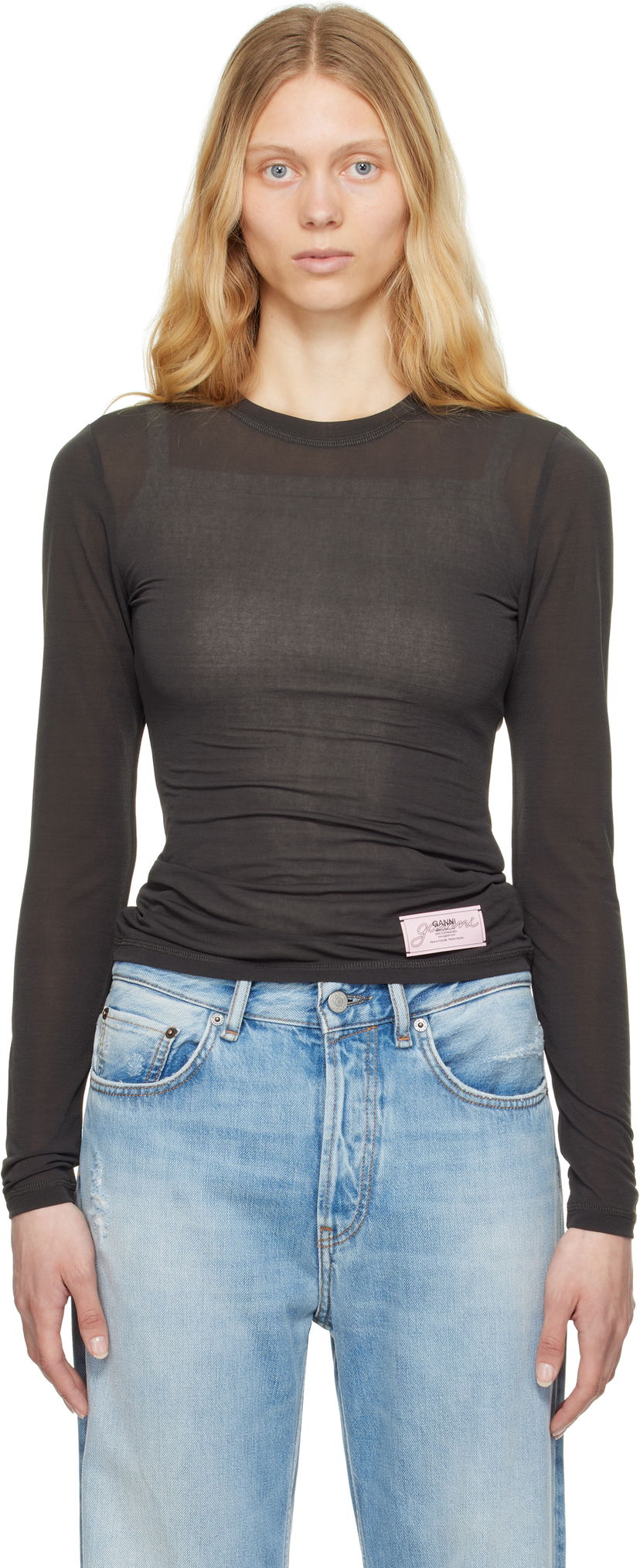 T-paita GANNI GANNI Sheer Mesh Jersey Long Sleeve T-shirt Harmaa | T4242