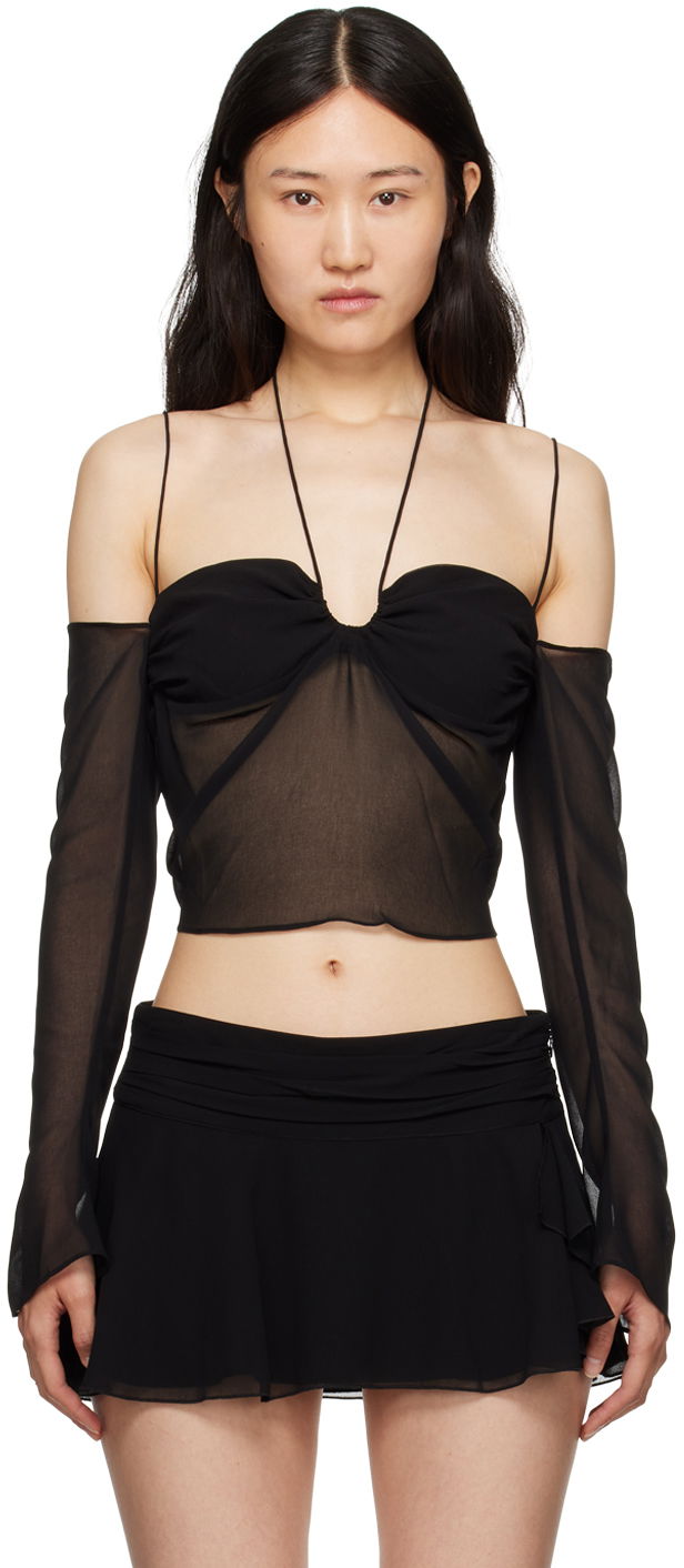 Crop top GUIZIO Guizio Gathered Sheer Off-Shoulder Blouse Musta | H23113W034