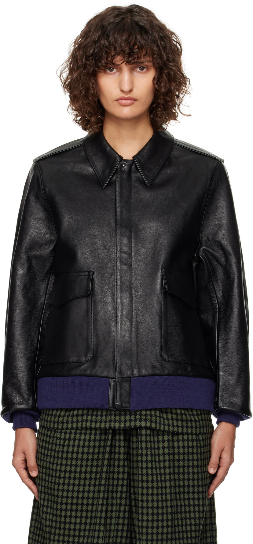 Bomber-takki Needles Leather Musta | PU082