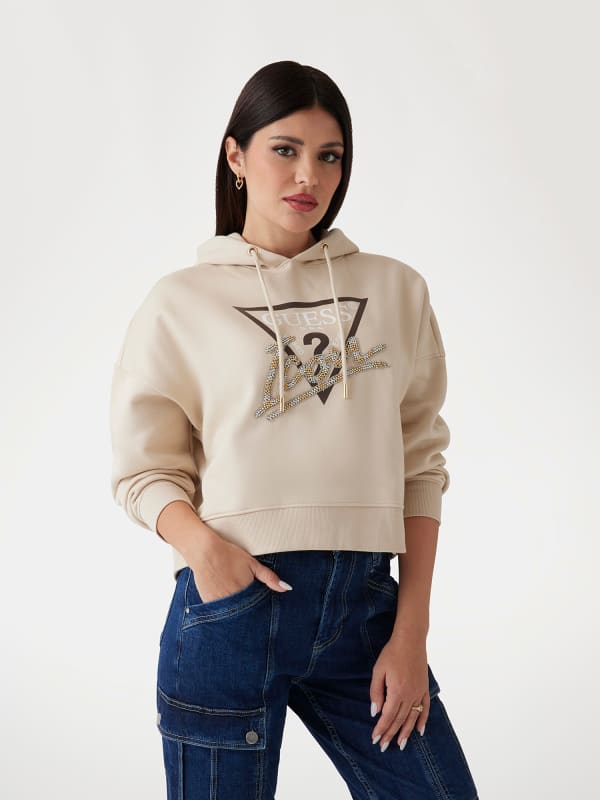 Huppari GUESS Women's Beige Cropped Hoodie with Rhinestone Logo Beige | W4BQ06KB683