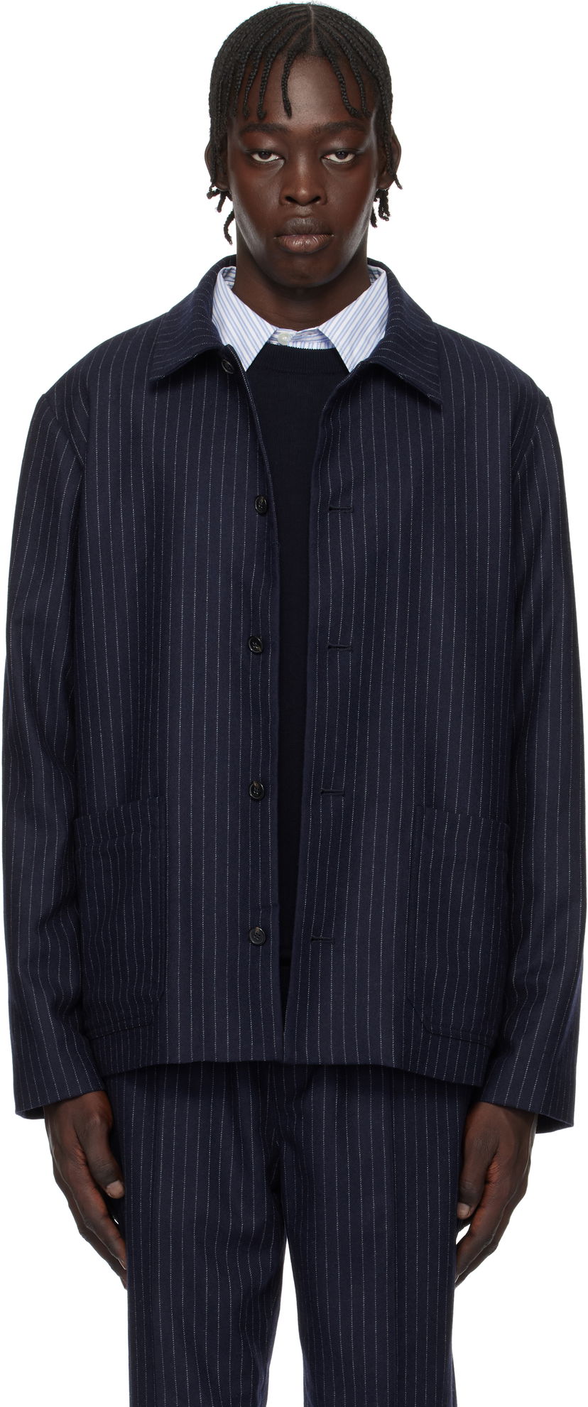 Bomber-takki A.P.C. Pinstripe Wool Jacket Tummansininen | WOARO-H03208