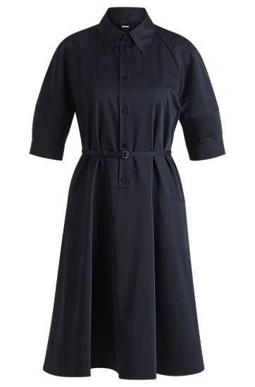 Mekko BOSS Stretch Cotton Shirt Dress with Half Placket Tummansininen | 50537388