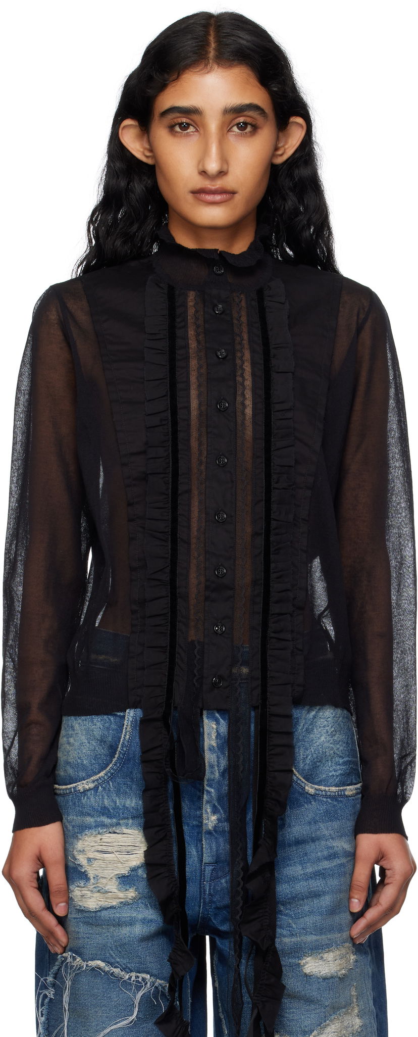 Paita Ann Demeulemeester Ann Demeulemeester Monya Sheer Ruffle Blouse Musta | B0012852-KN008-099