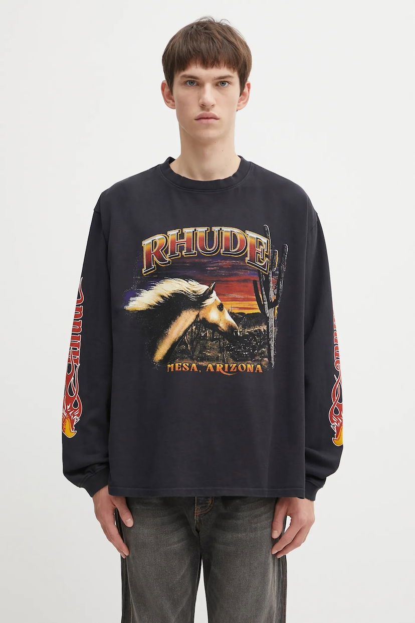 T-paita Rhude Mesa Stallion Long-Sleeved T-Shirt with Graphic Print Musta | RHFW25TT08012
