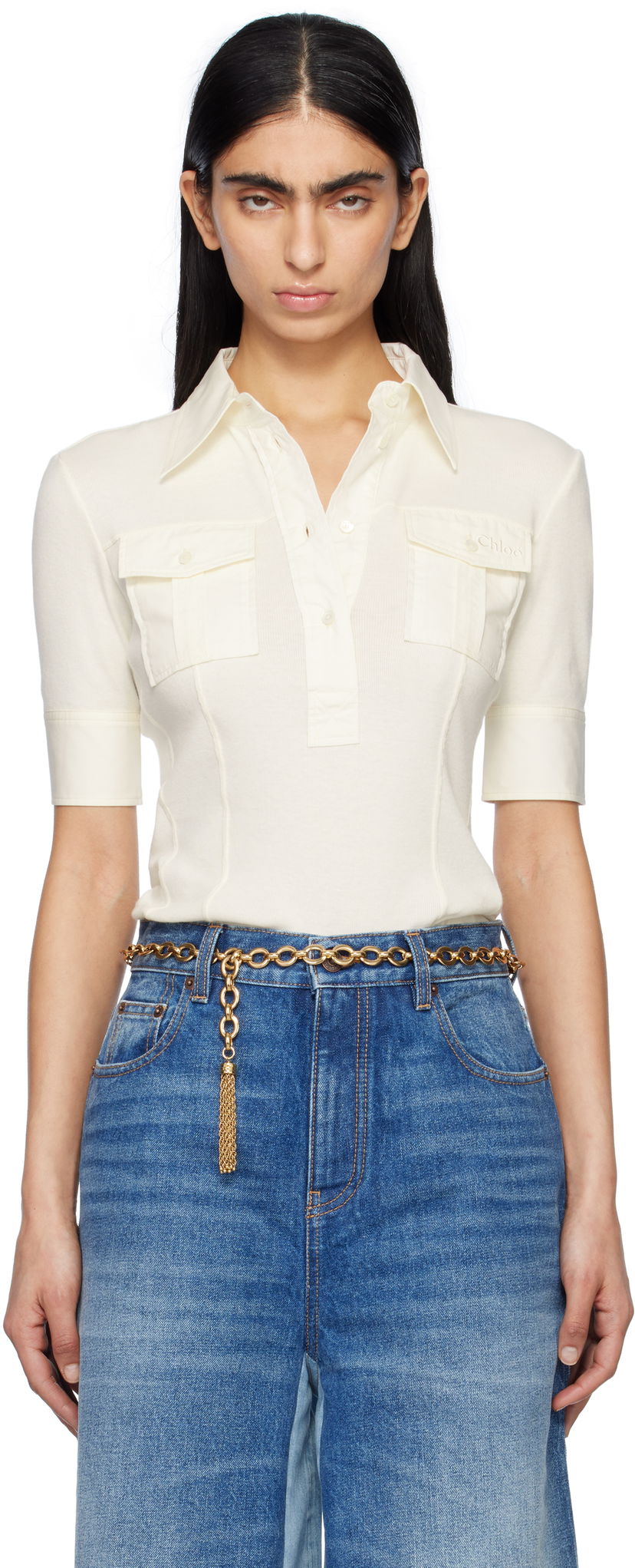 Poolopaita CHLOÉ Chloé Short-Sleeve Utilitarian Polo Valkoinen | CH25SJH13182