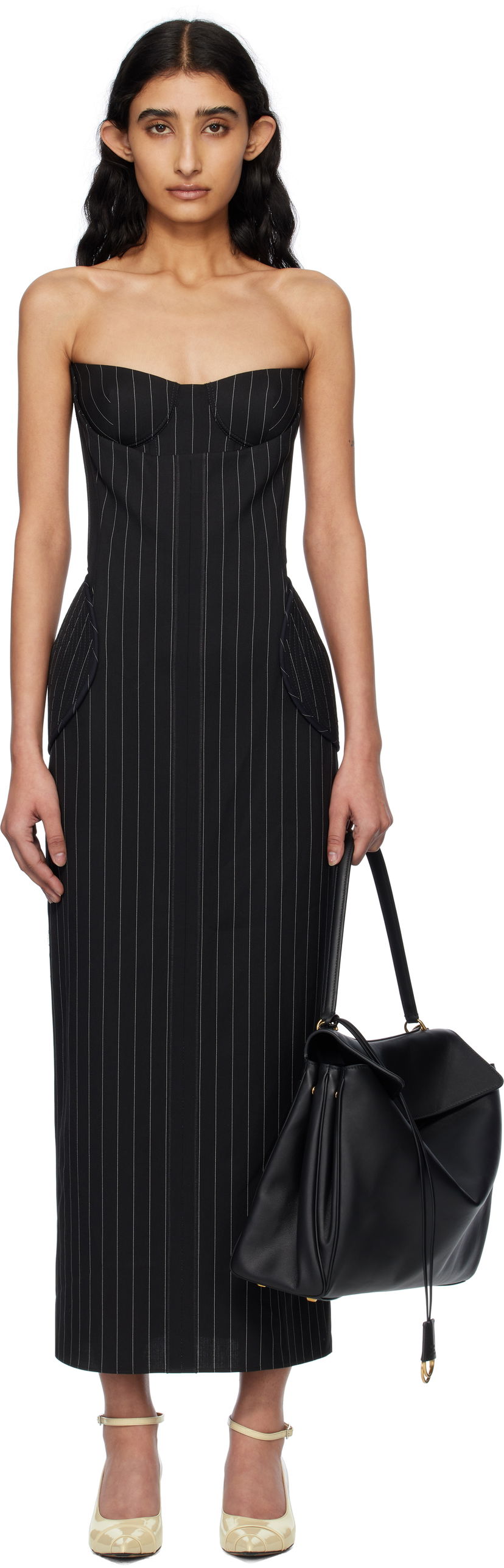 Mekko Jean Paul Gaultier Jean Paul Gaultier 'The Long Bustier' Pinstripe Midi Dress Musta | 25/33-F-RO333-C074-0001