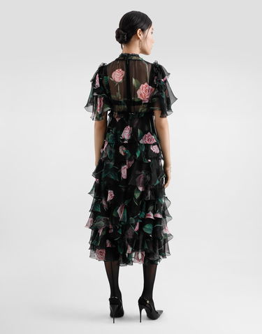 Mekko Dolce & Gabbana Dolce & Gabbana Rose Print Chiffon Calf-Length Dress with Ruffles Musta | F6B3ITIS1XAHN5IZ, 2
