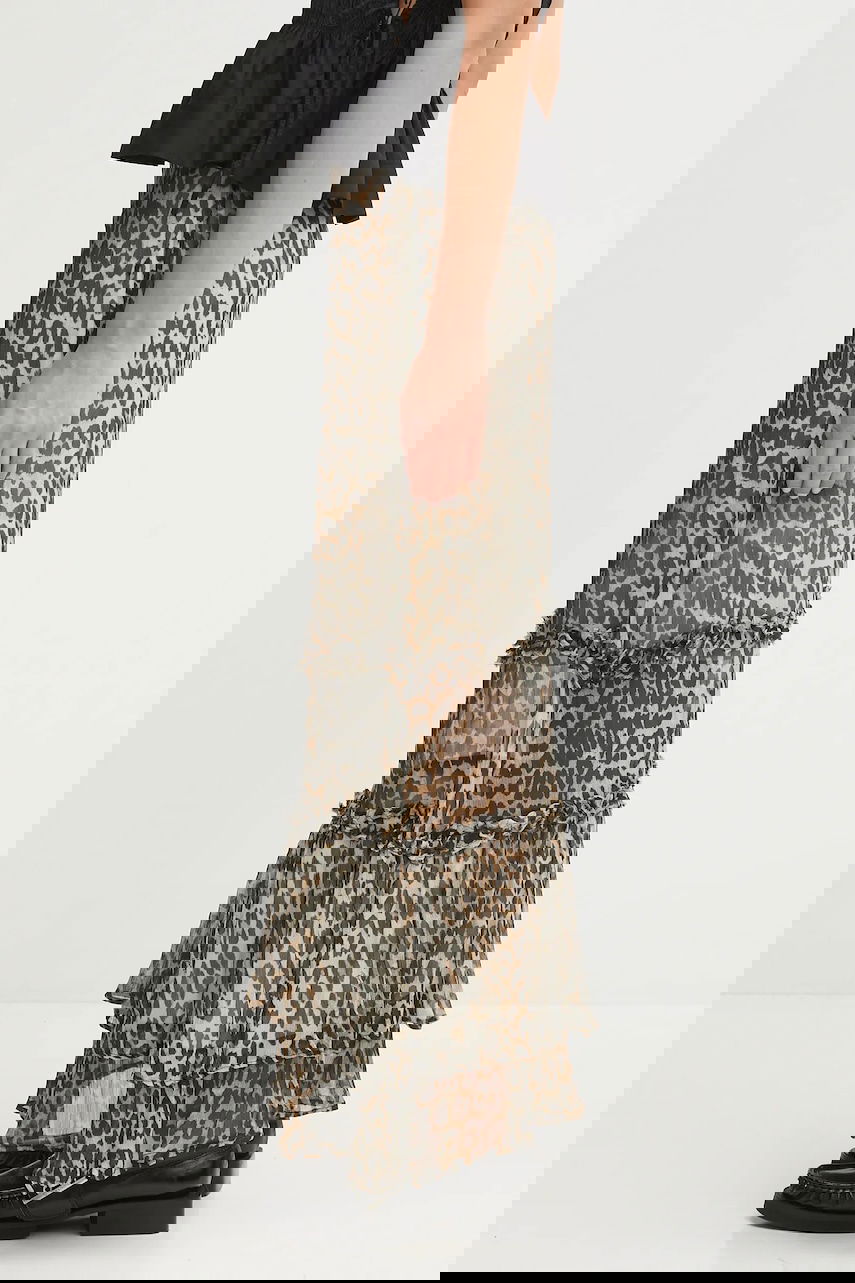 Hame GANNI GANNI Printed Viscose Chiffon Long Ruffle Maxi A-Line Skirt Ruskea | W0435, 1