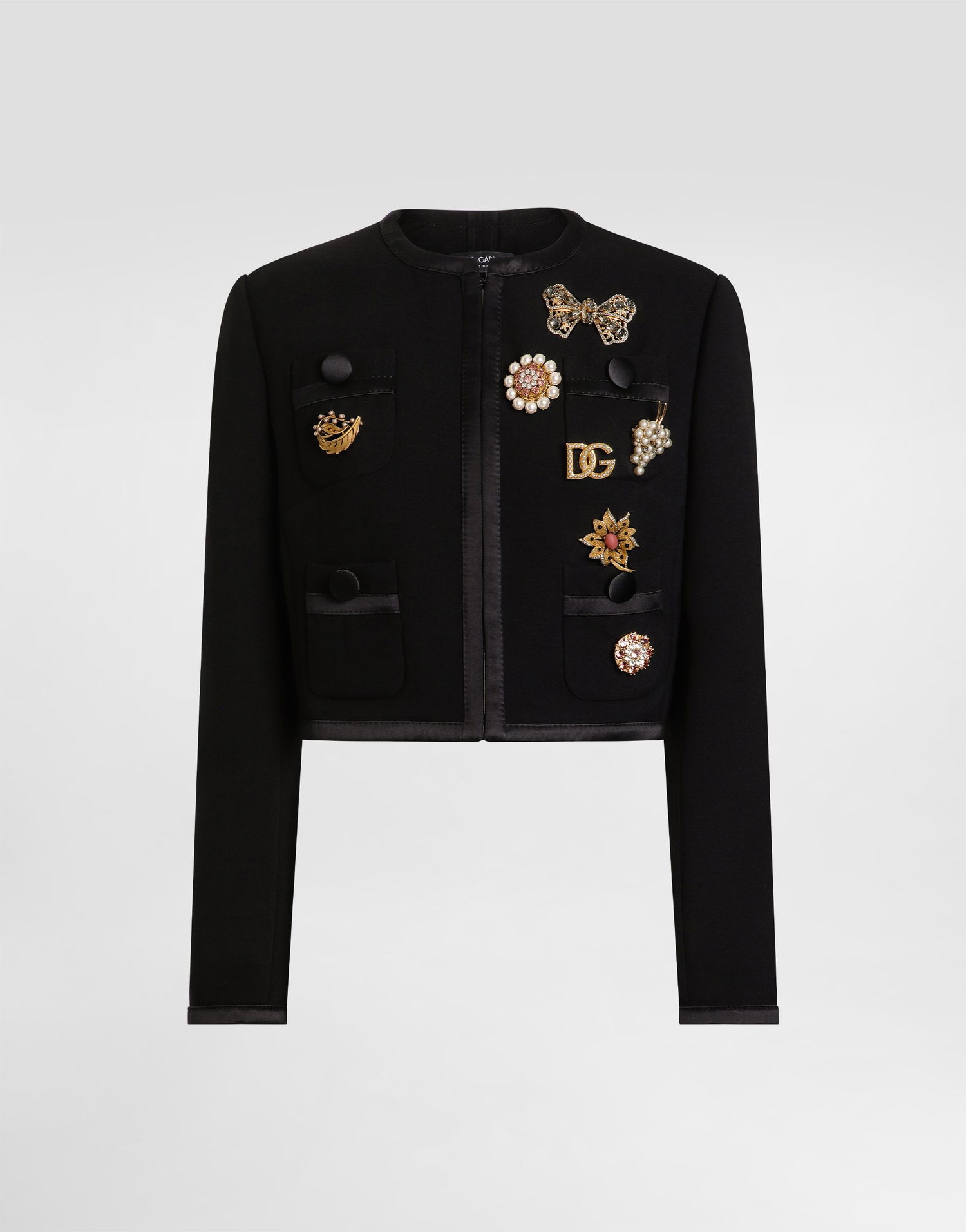 Takki Dolce & Gabbana Dolce & Gabbana Double Crepe Wool Cropped Jacket with Embellishments Musta | F27CEZFU2L8N0000, 0