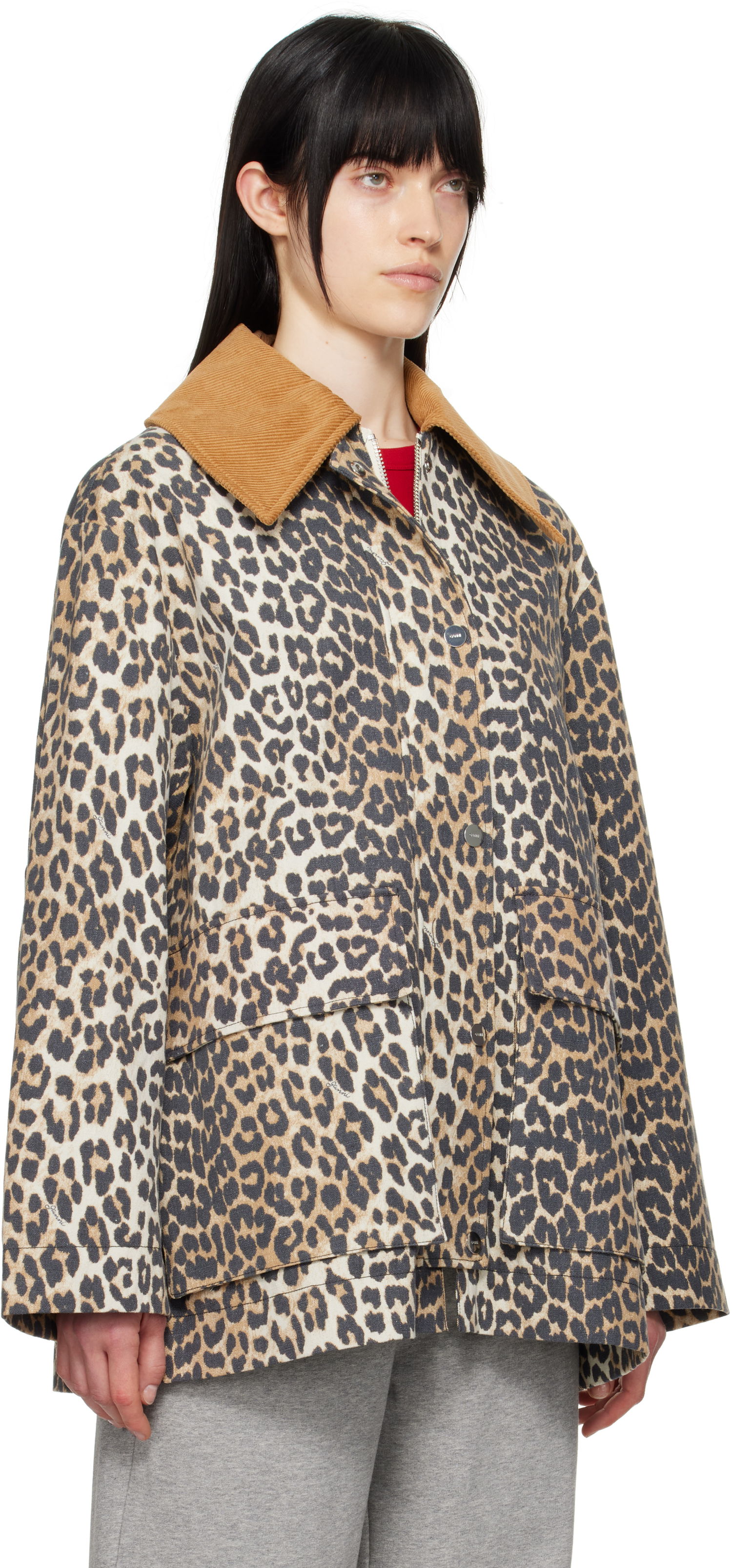 Takit GANNI Ganni Leopard Print Canvas Midi Jacket Beige | W0391, 1
