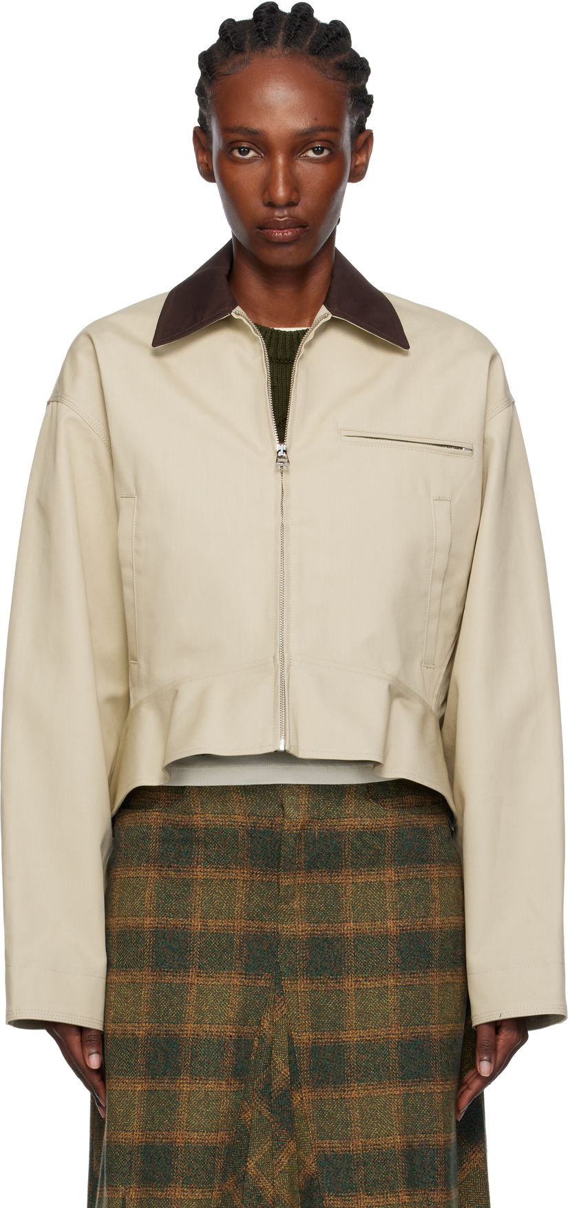 Takki JW Anderson JW Anderson Cropped Contrast Collar Curved Hem Workwear Jacket Beige | JK0399-PG1802