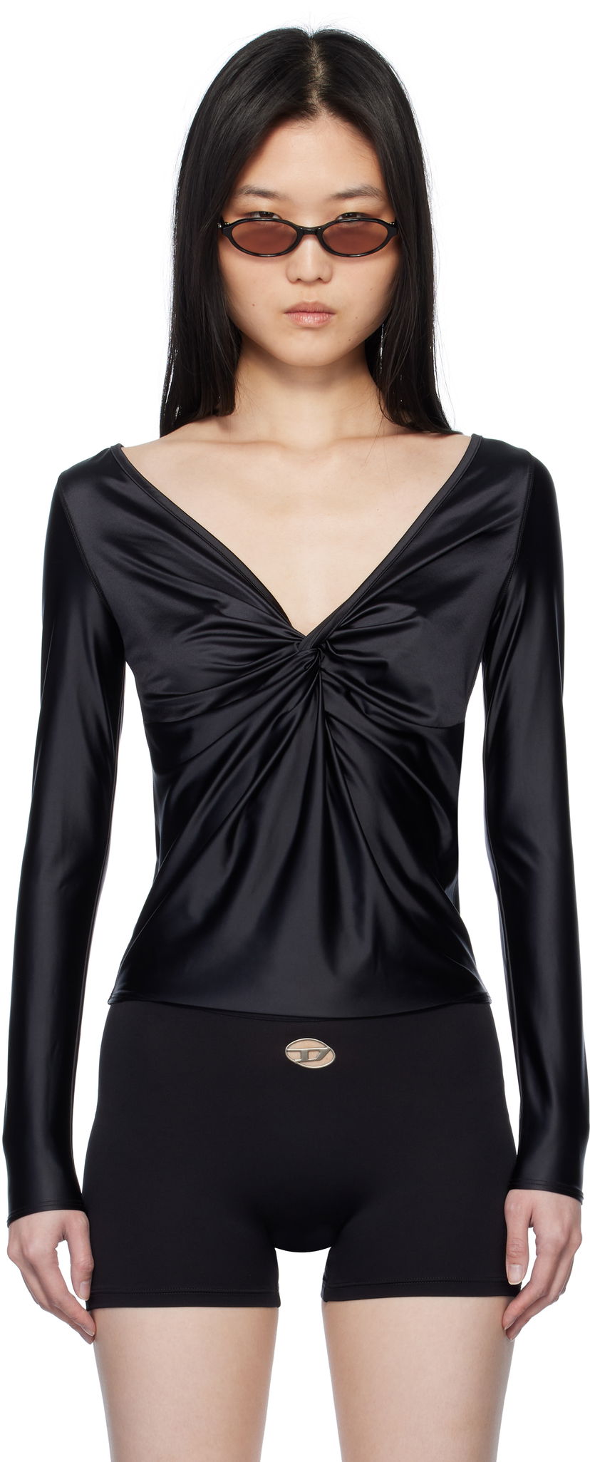 T-paita Diesel Diesel T-Knot Twist-Front Long Sleeve Top Musta | A17672 0PKAT