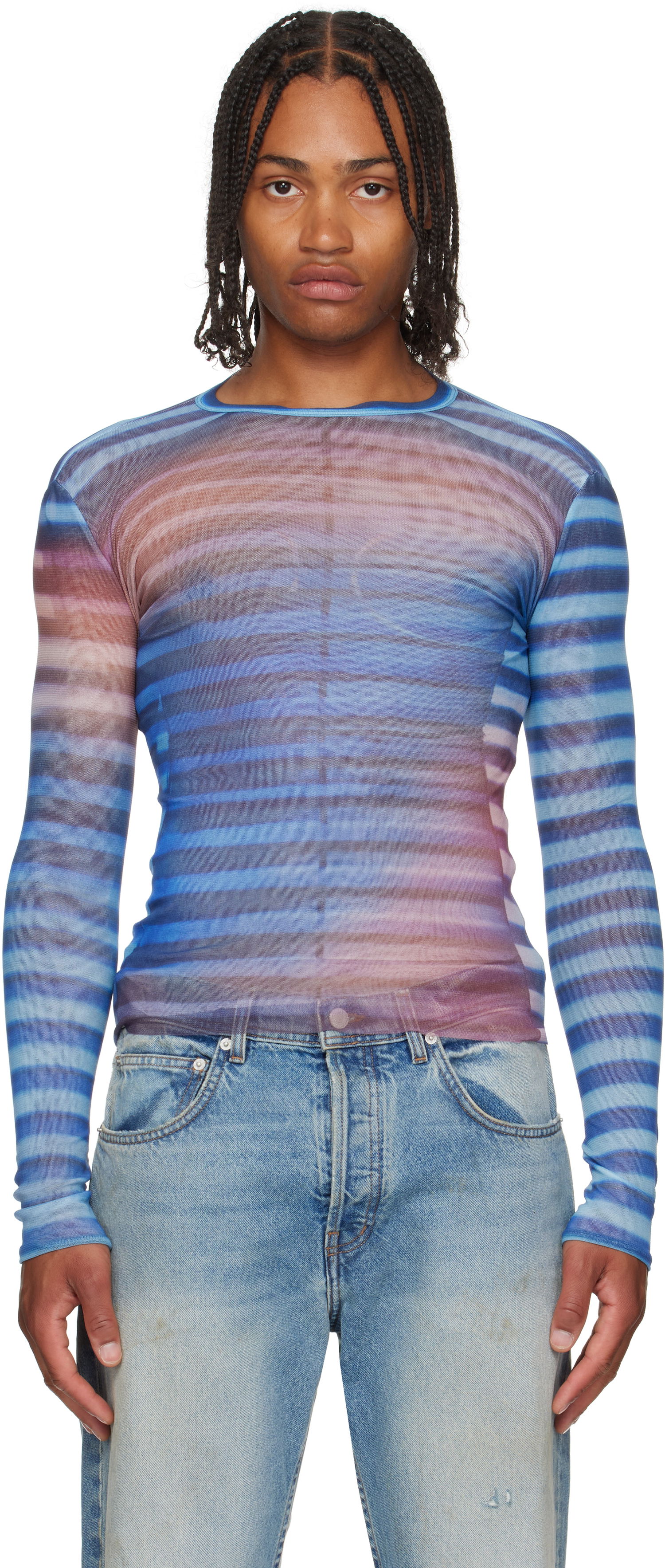 T-paita Jean Paul Gaultier Jean Paul Gaultier 'The Air' Striped Mesh Long Sleeve Sininen | 25/03-W-TO336-M005P-565034, 0