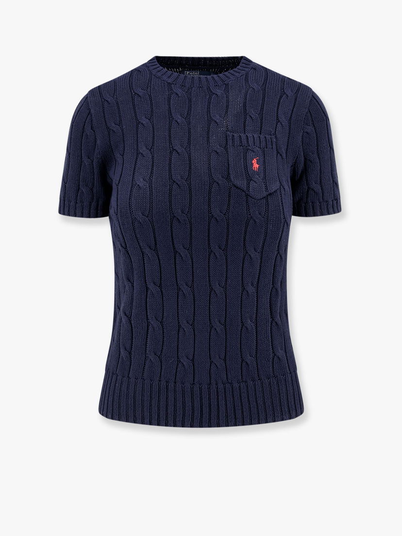 Villapaita Polo by Ralph Lauren Women's Cable Knit Short Sleeve Sweater with Pocket by Polo Ralph Lauren Tummansininen | 211895379010