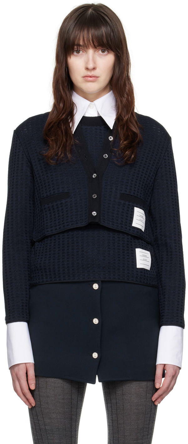 Villapaita Thom Browne Checkered Jacquard Cropped Cardigan Tummansininen | FJT323A-J0133