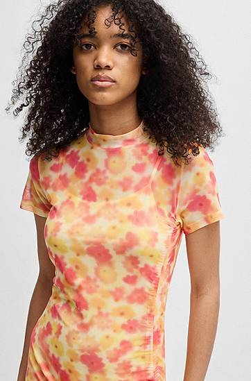 Mekko BOSS Floral-Print Mesh Midi Dress with Ruched Side Keltainen | 50537179, 1