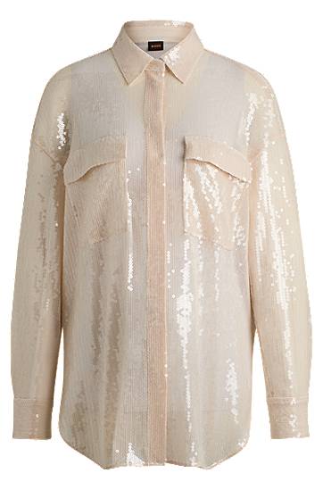Paita BOSS Relaxed-Fit Sequin Blouse with Point Collar Beige | 50524263