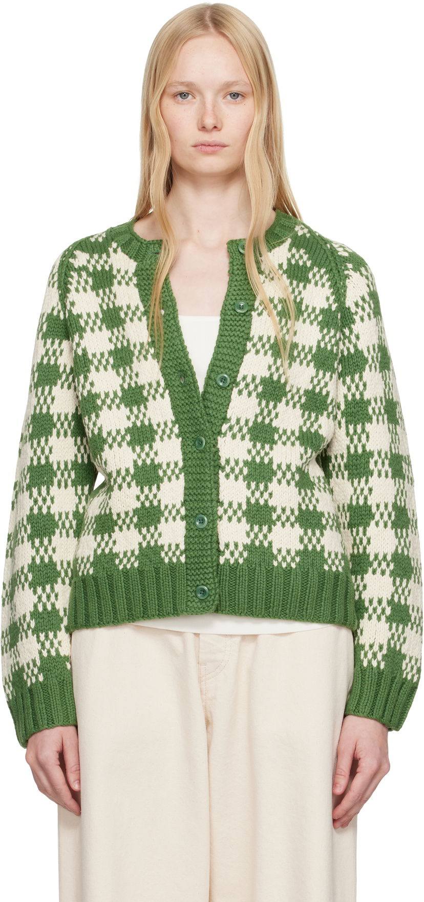 Villapaita YMC YMC Atomic Check Cardigan Vihreä | Q8YAC