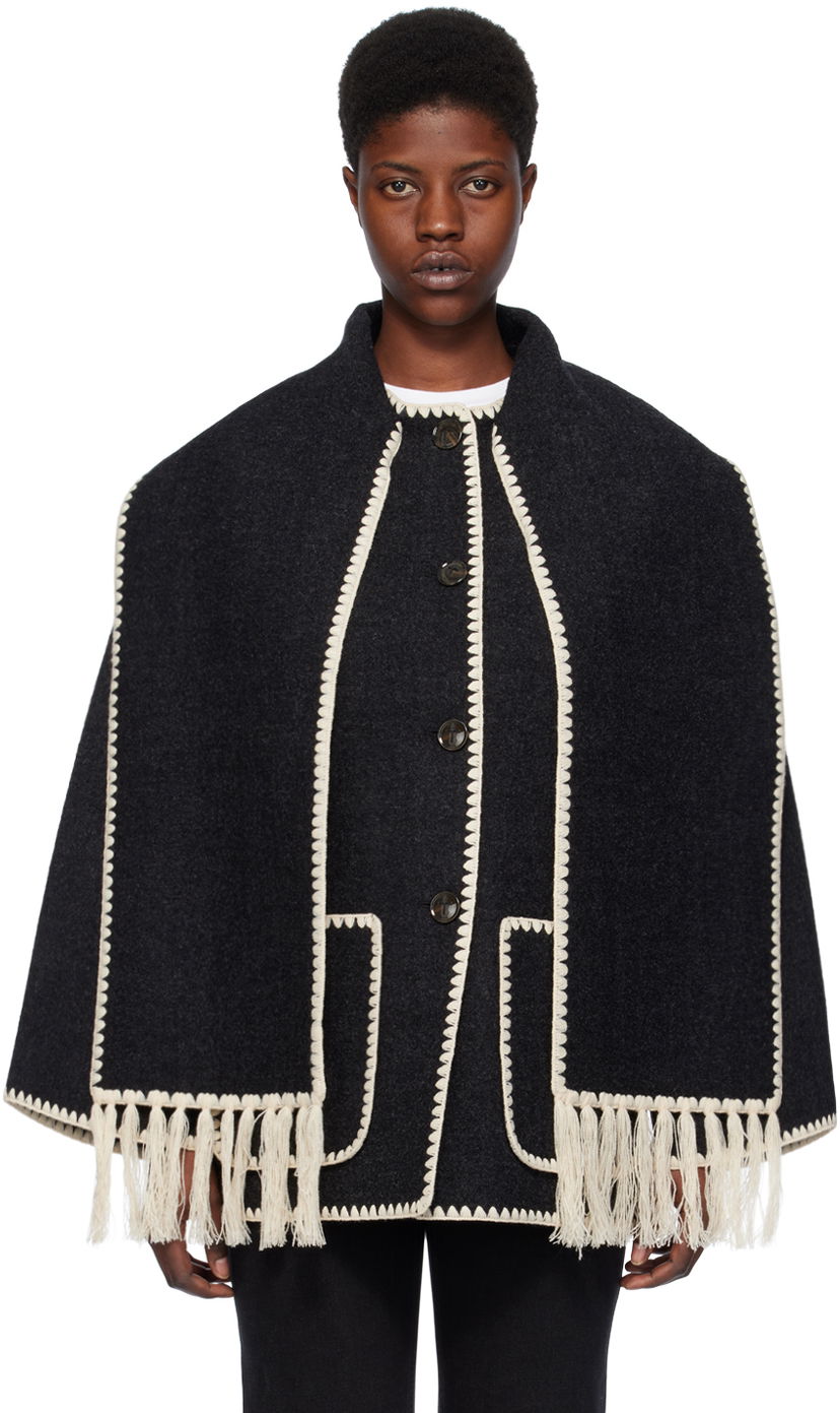 Huivi TOTEME Embroidered Wool-Blend Cape Musta | 221-117-709