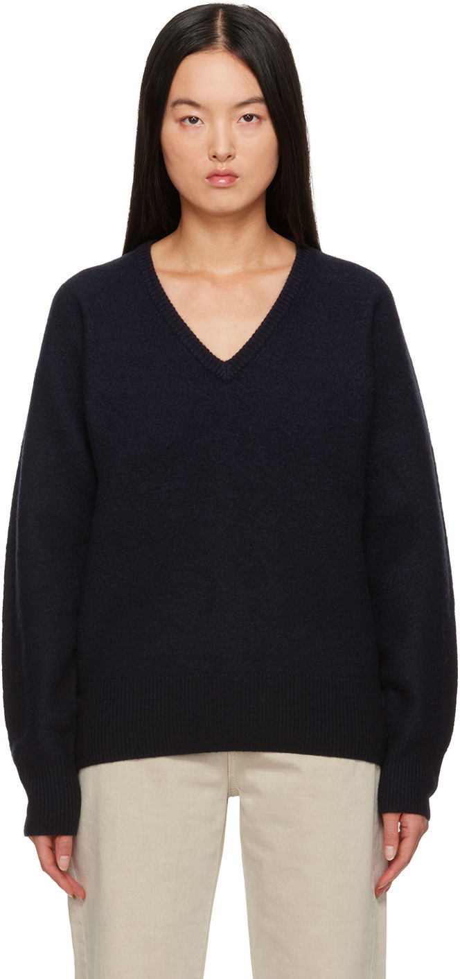 Villapaita TOTEME TOTEME Rib V-Neck Sweater Tummansininen | 234-WRTWTP158-YA0011