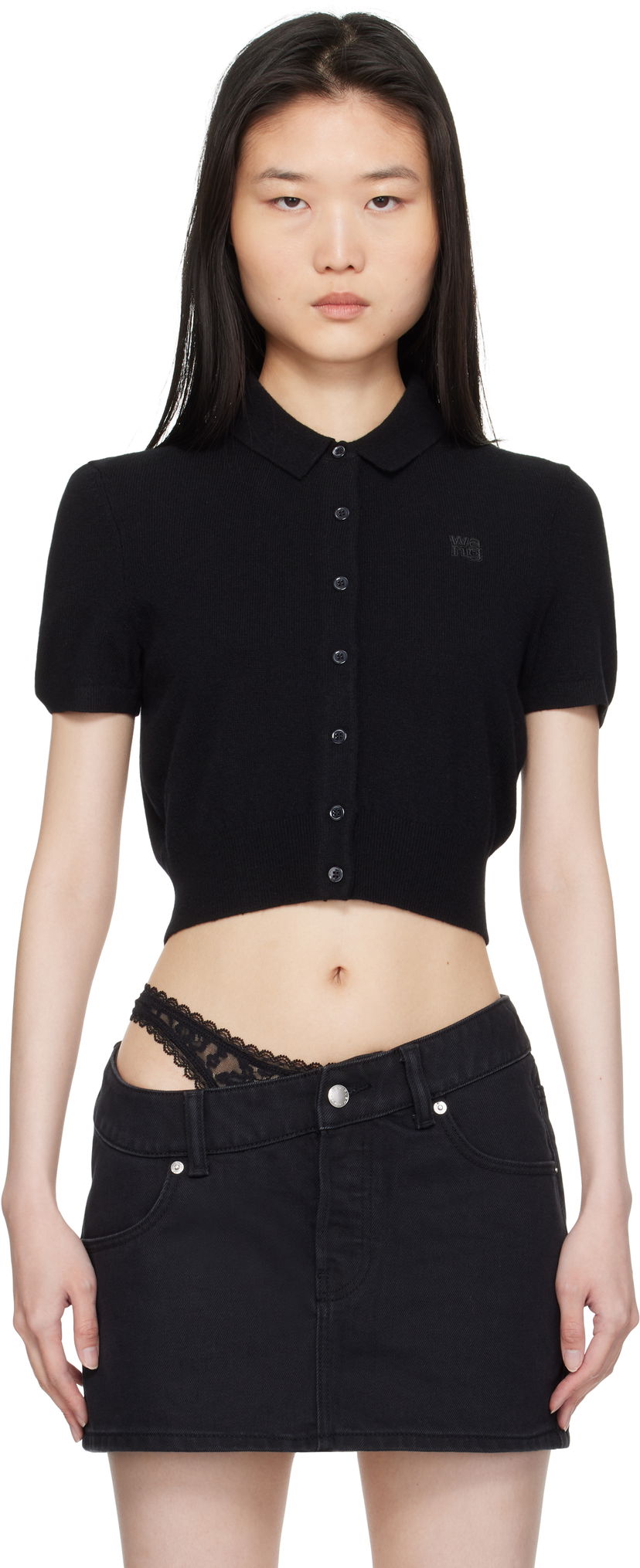 Hame Alexander Wang Alexander Wang Embroidered Logo Polo Cardigan Musta | 4KC1253068