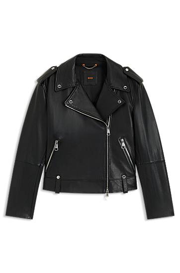 Takki BOSS Grained Leather Jacket with Silver-Tone Trims Musta | 50541769