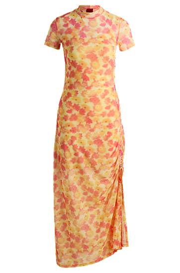 Mekko BOSS Floral-Print Mesh Midi Dress with Ruched Side Keltainen | 50537179
