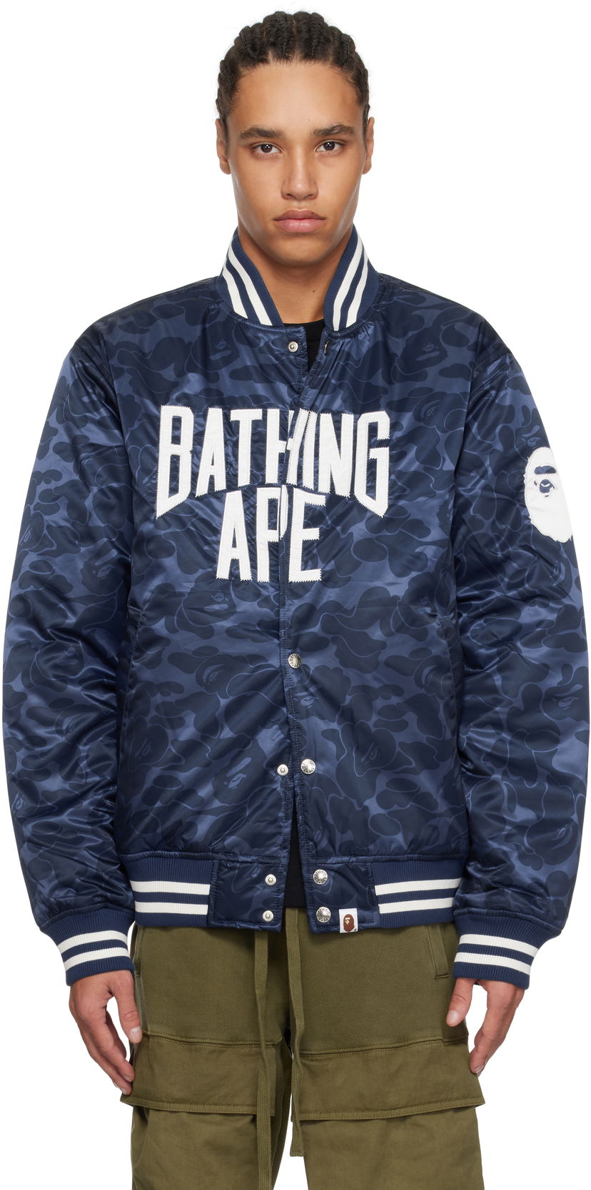 Bomber-takki BAPE A Bathing Ape Camo Varsity Bomber Jacket Tummansininen | 001HJK801005M